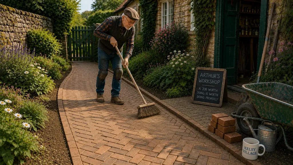 How To Make An Easy Brick Herringbone Path 8 Arthur sweeping the path